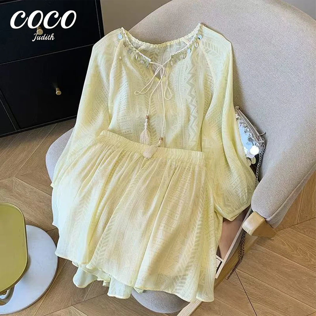 【RG6917】2025新款夏季时尚百搭休闲减龄设计师拼接显瘦半身裙套装