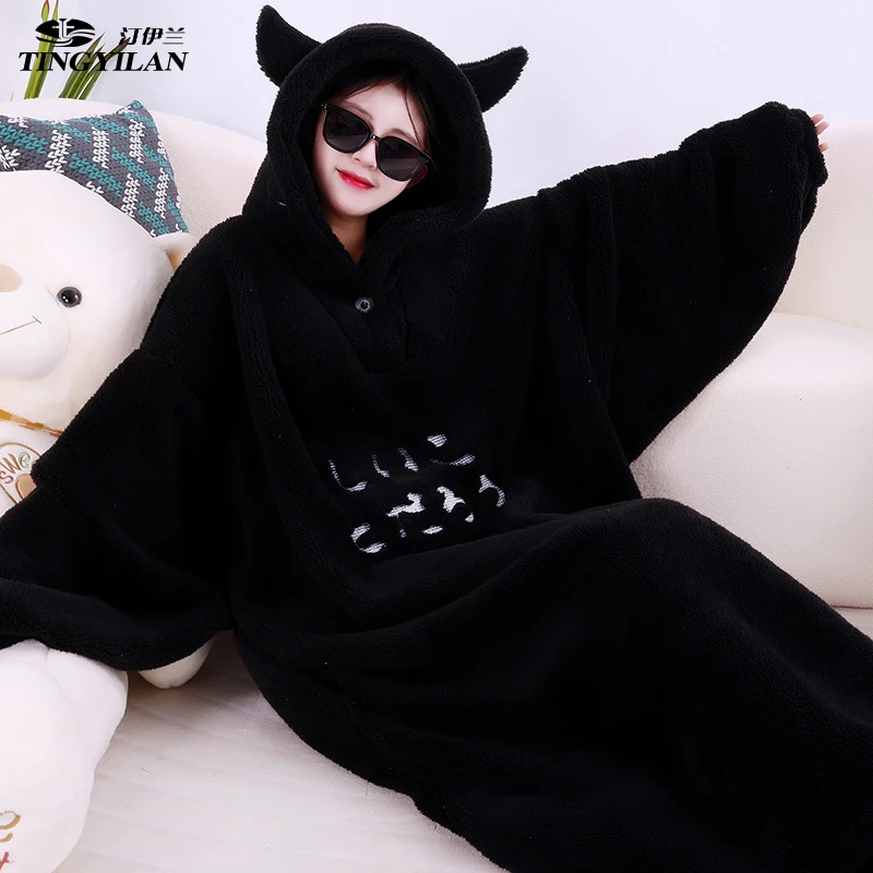 004新黑龙猫可外穿情侣睡袍冬季男女爆款睡衣加厚加绒套装家居服