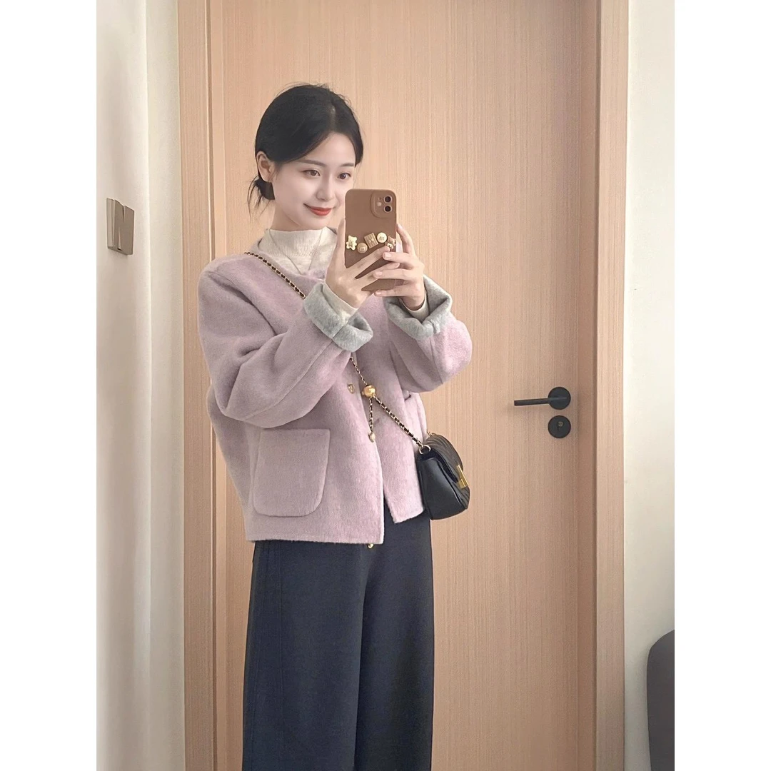 高级感超好看紫色短款毛呢外套女秋冬百搭双面穿呢子大衣2025新款