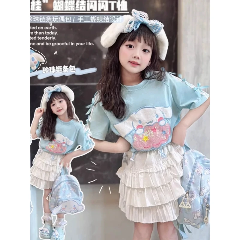 女童短袖T恤夏季2025新款儿童玉桂狗卡通套装洋气女孩公主裙夏装