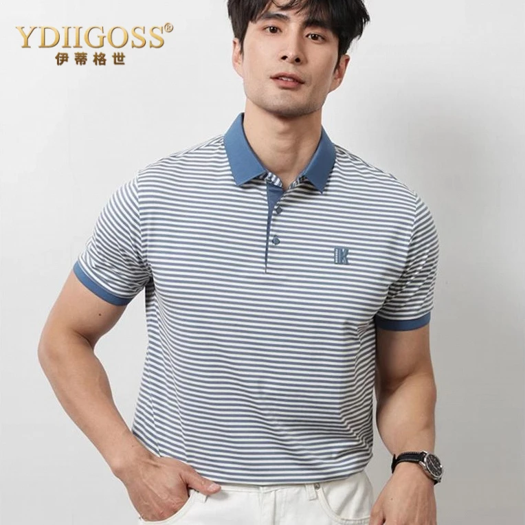 YDIIGOSS复古翻领POLO衫条纹短袖男夏季薄款商务休闲透气t恤上衣