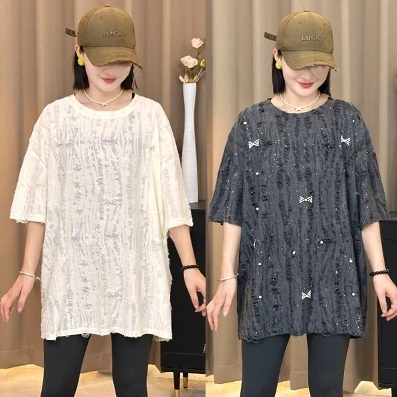 欧货蝴蝶结钉珠小众半袖T恤女夏季2025新款复古做旧宽松镂空上衣