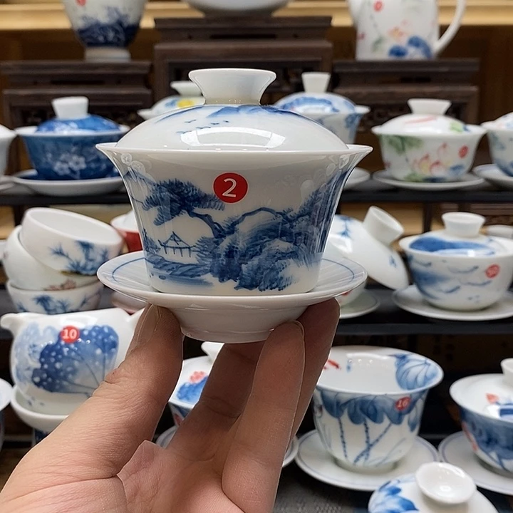 手绘微瑕山水盖碗