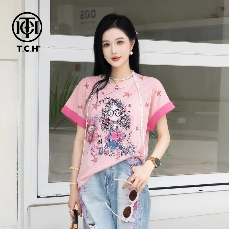 TCH烫钻工艺新时尚淑女百搭新潮流T恤宽松女T75B09E5022轻奢tch