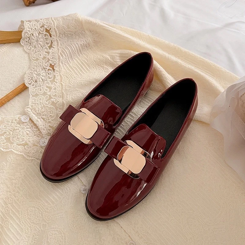 2025春季新款圆头浅口百搭网红一脚蹬金扣乐福小皮鞋7284-3