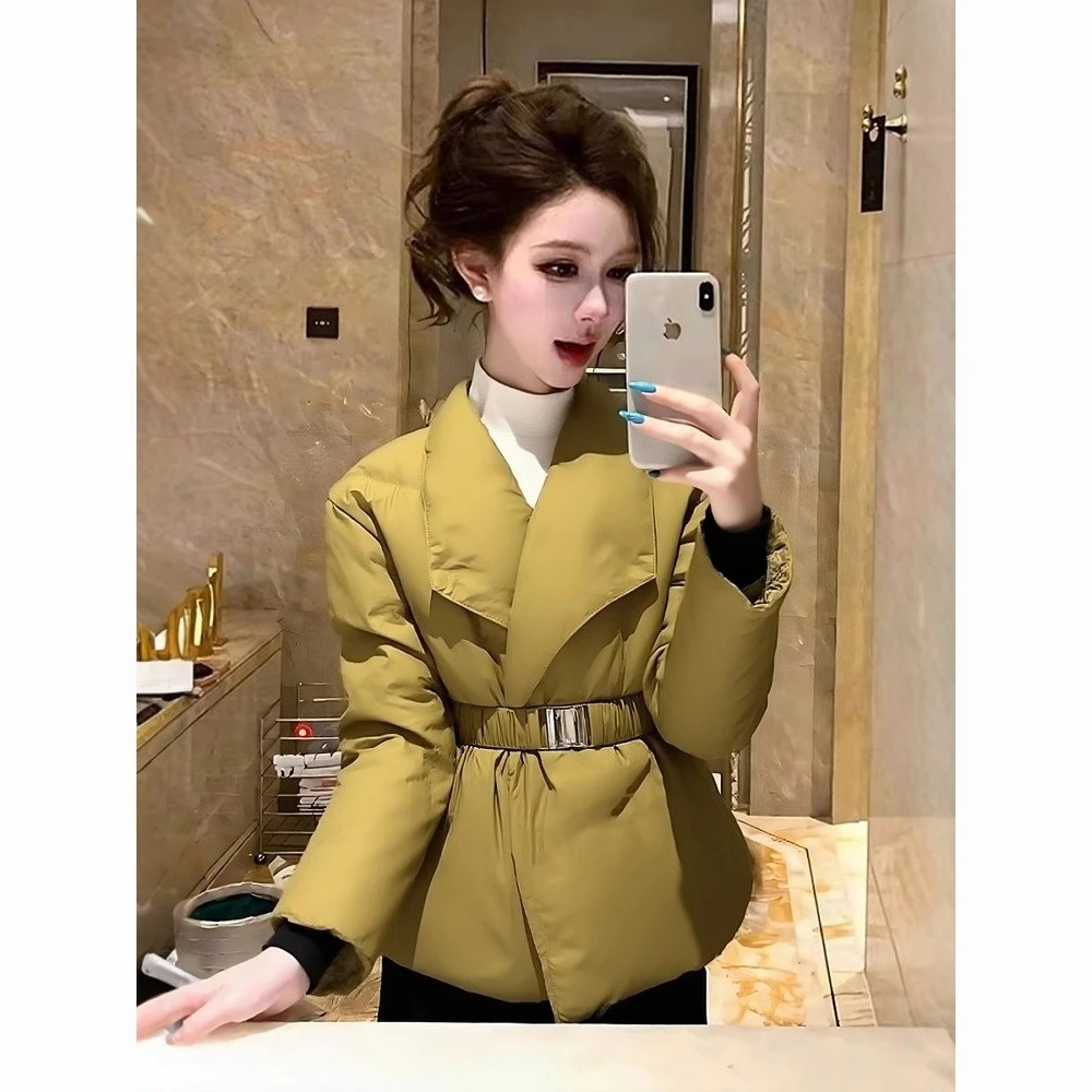 2025新款冬天韩系超好看保暖上衣绿色收腰夹棉棉服外套女士不臃肿