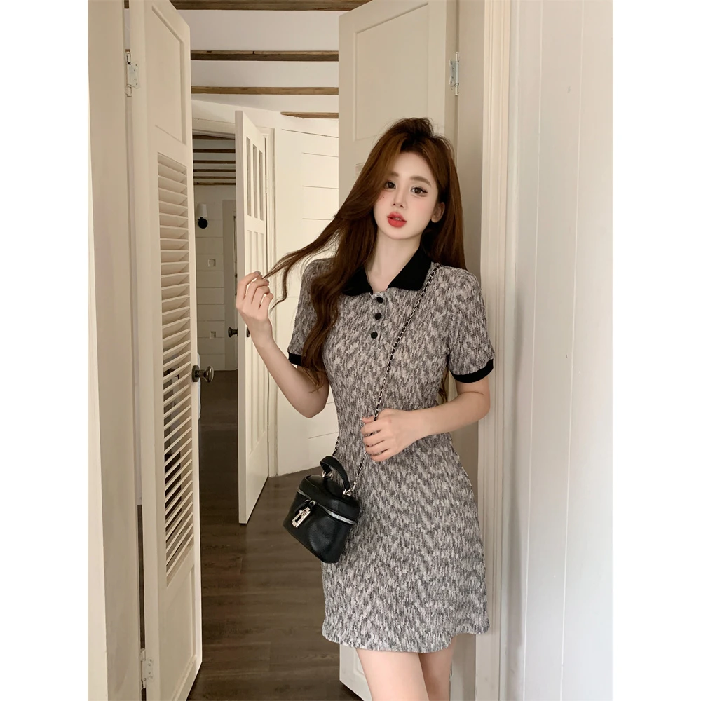 POLO领夏季复古连衣裙包臀A字小香风小个子裙子法式X型短袖碎花