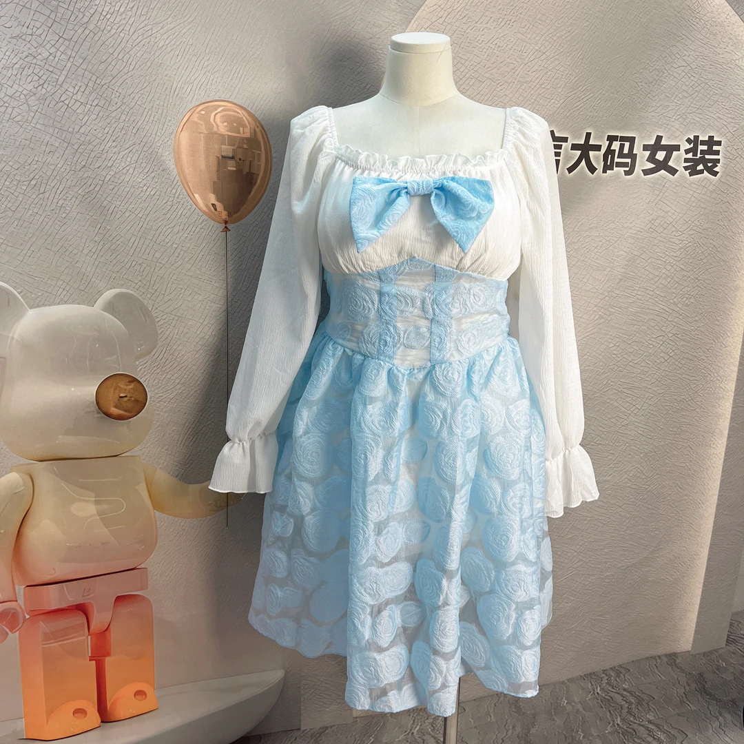 1806蓝色大码气质长袖lolita轻奢公主连衣裙日常甜美蕾丝裙子