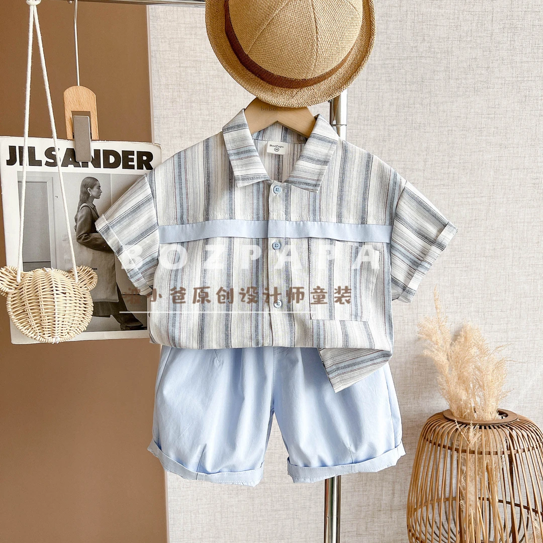 现货啵小爸【月光贝】2025夏季男童韩系休闲条纹设计横条衬衫套装