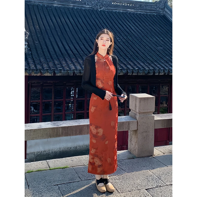 凌茜【朱颜】国风新中式温婉气质优雅长裙挂脖无袖橘红色旗袍连衣裙