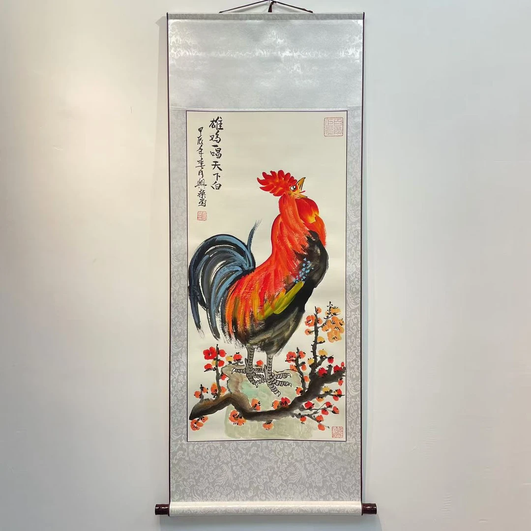 手绘《雄鸡一唱天下白》纯手工装裱高130cm高50cm