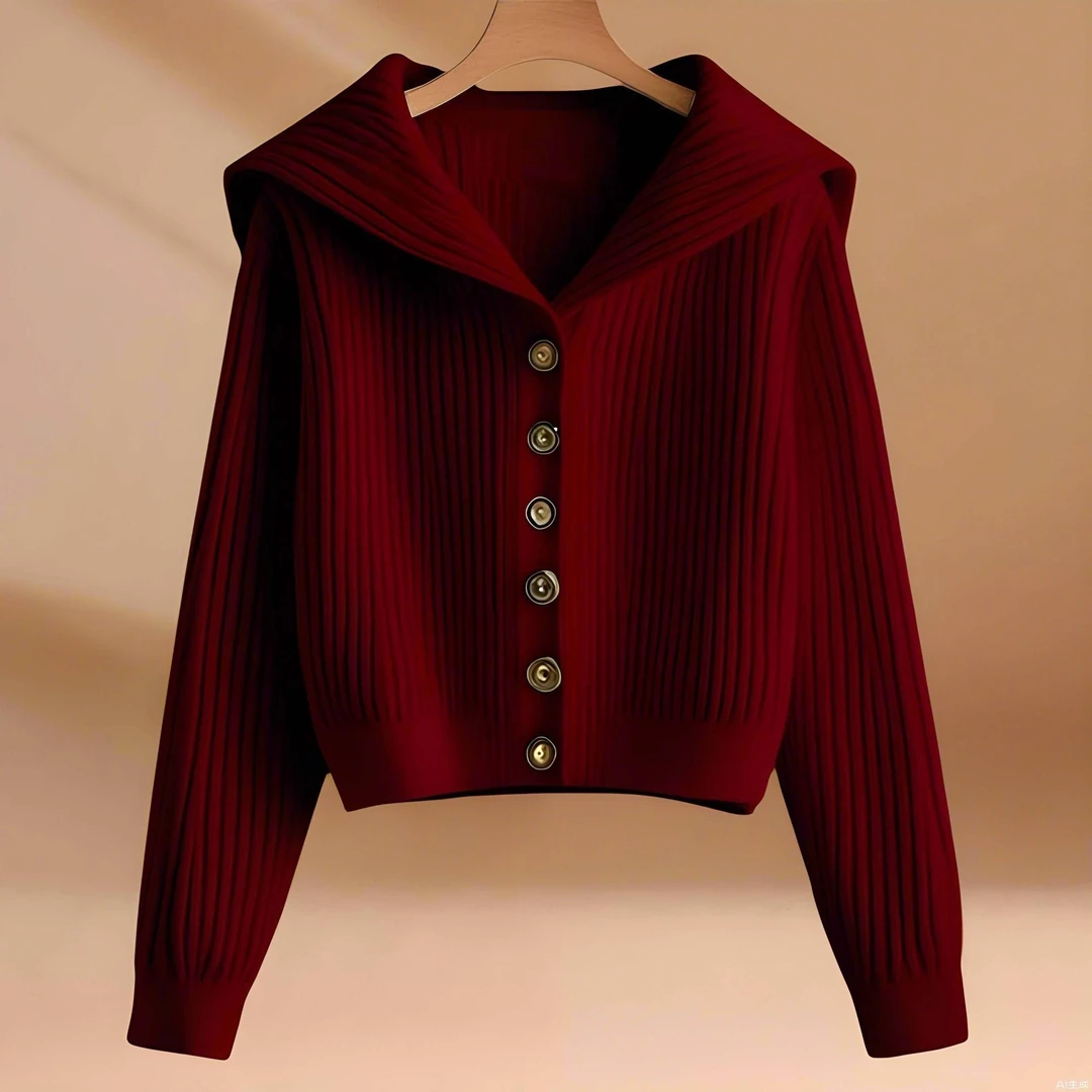 高端轻奢开衫毛衣女新款秋冬季圣诞新年红优雅海军领桐乡高档毛衣