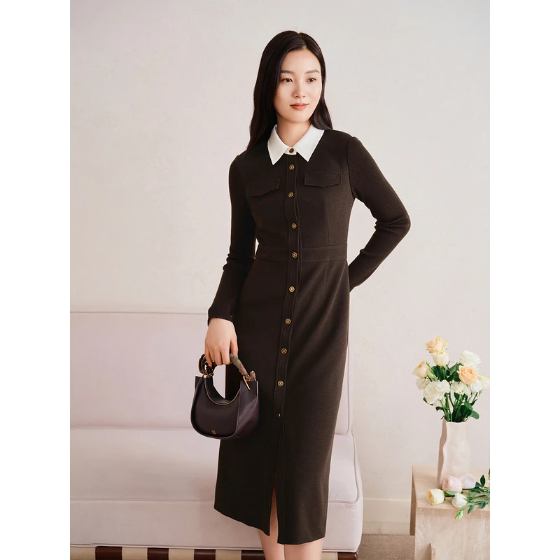 YINER音儿专柜正品女装2025秋季衬衫领羊毛混纺连衣裙8C65105056