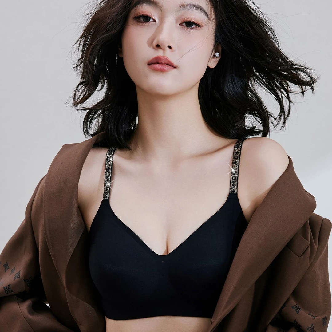 2025新款山茶花精油字母肩带无痕内衣10A抗菌果冻条提拉排扣文胸