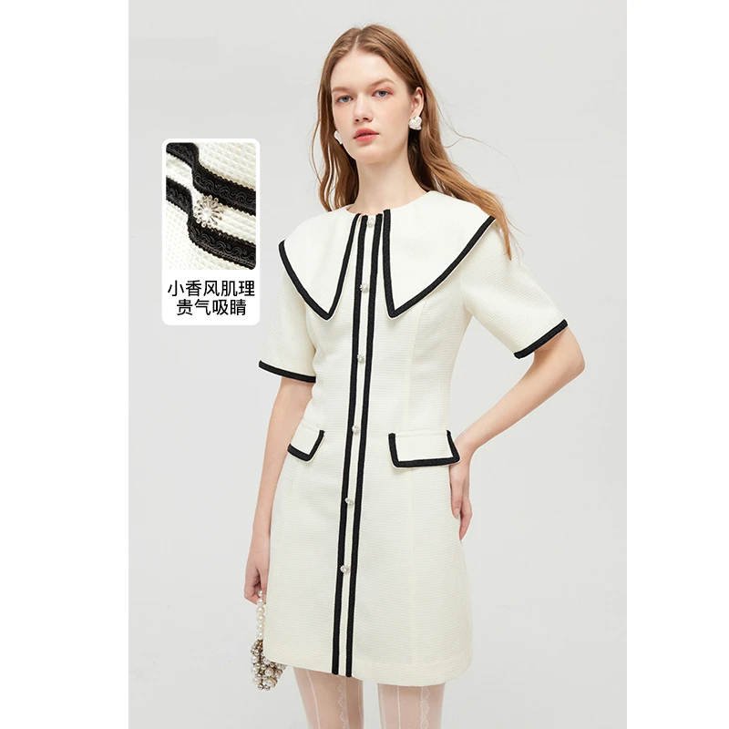 missCOCOON小香风裙子2023秋装新款女装撞色设计经典娃娃领连衣裙