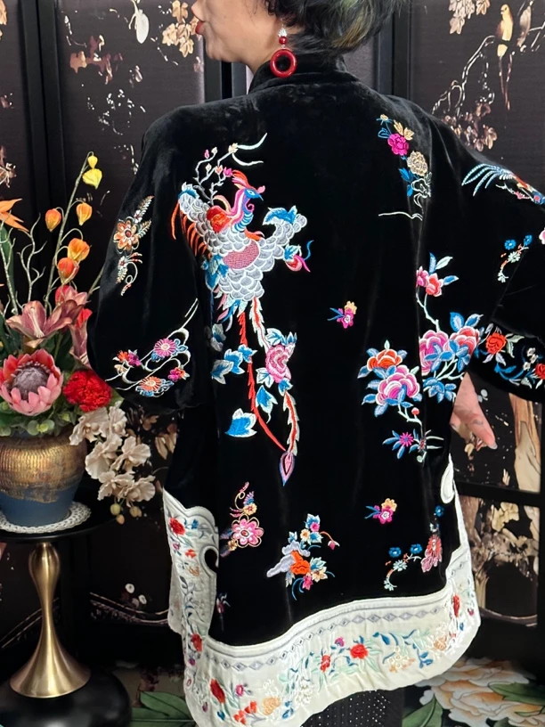 【朱帝高订】新中式樟绒黑色对襟盘扣刺绣设计款长衫