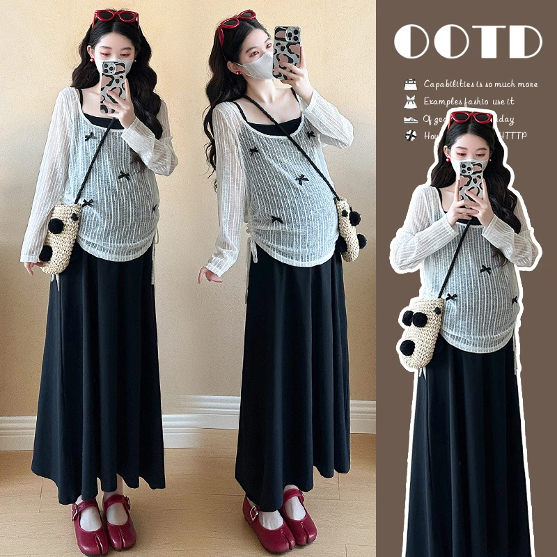 MIMI~时尚孕妇装2025春夏洋气蕾丝手工蝴蝶上衣+吊带裙显瘦穿搭