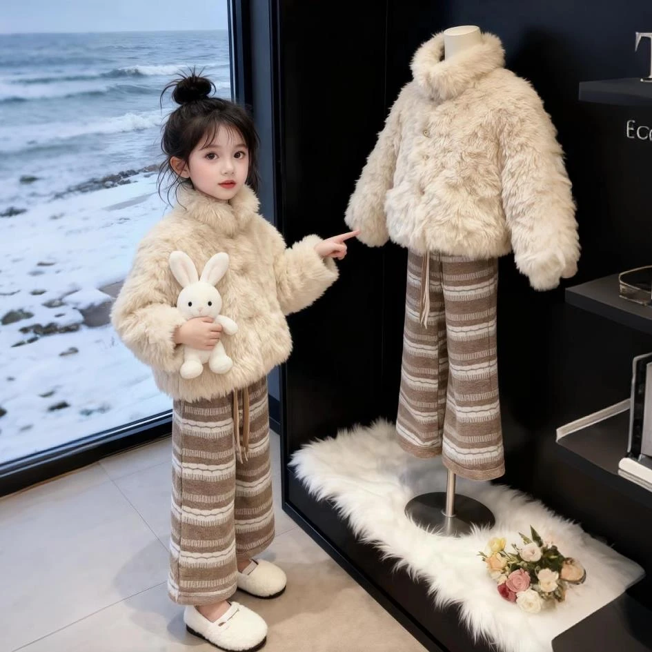 奥莱【万达撤柜】女童冬款毛毛外套套装2026新款儿童韩版软糯毛茸茸