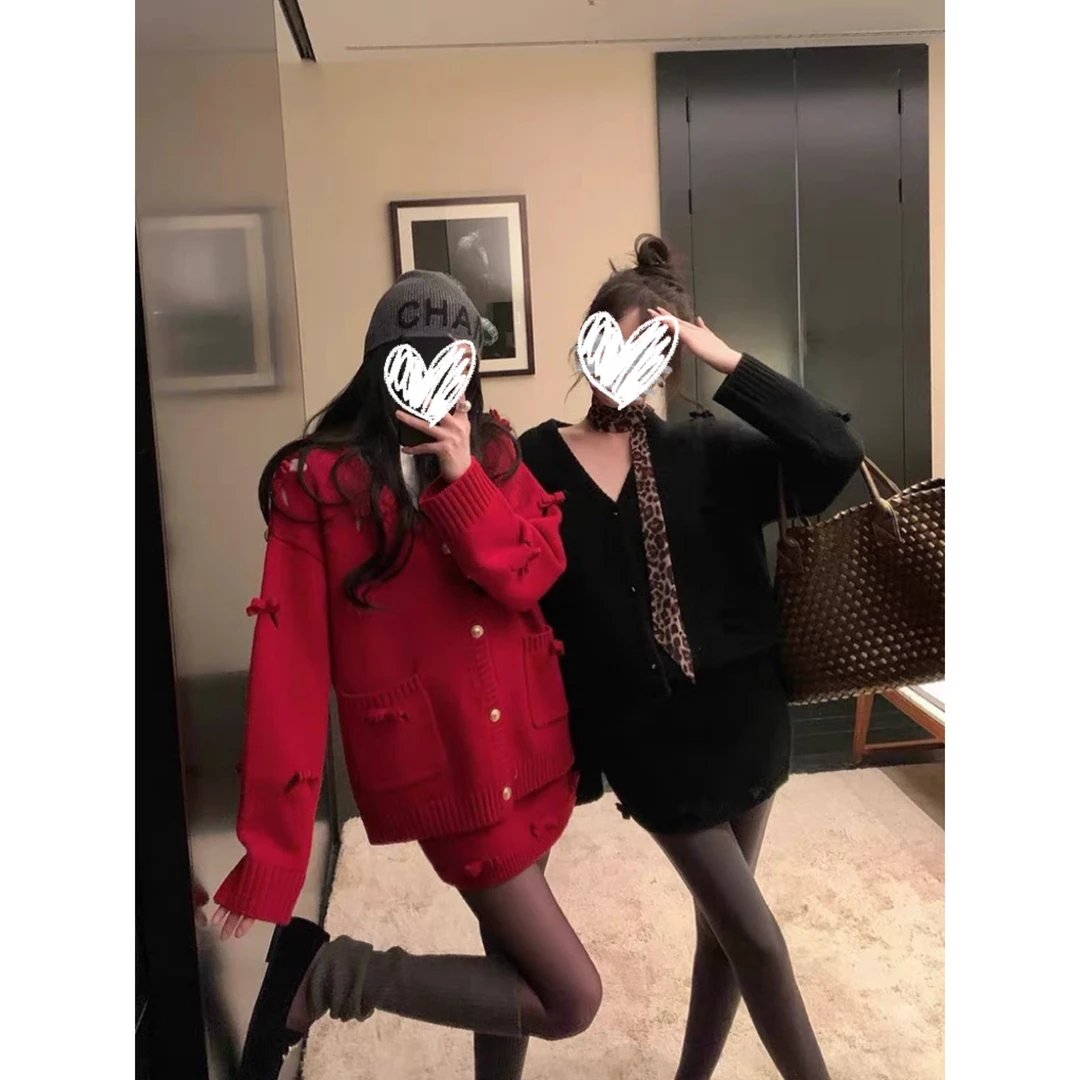 凤梨妹妹【红色新年氛围】蝴蝶结镂空开衫外套半身裙时尚套装女