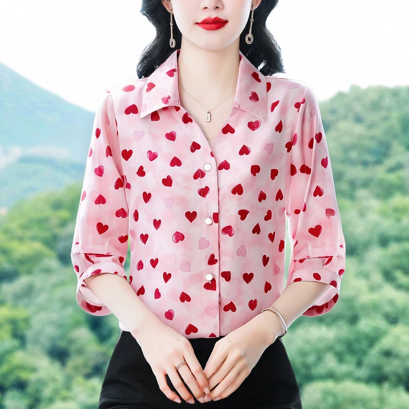 2025新款衬衣洋气爱心印花七分袖小衫夏装妈妈上衣高档洋气衬衫女
