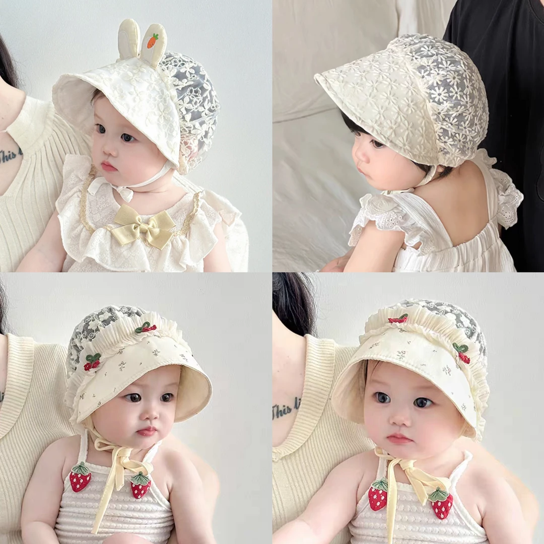 婴儿遮阳帽夏季薄款大檐女童防晒宫廷帽卡通蕾丝公主帽宝宝太阳帽