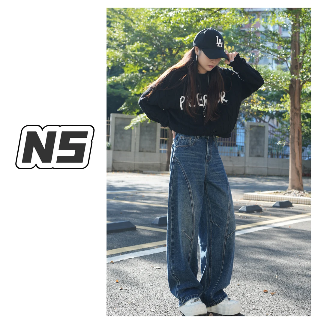 YD11259-2深海蓝 【黑标】秋冬款宽松显瘦百搭简约设计弯刀牛仔裤