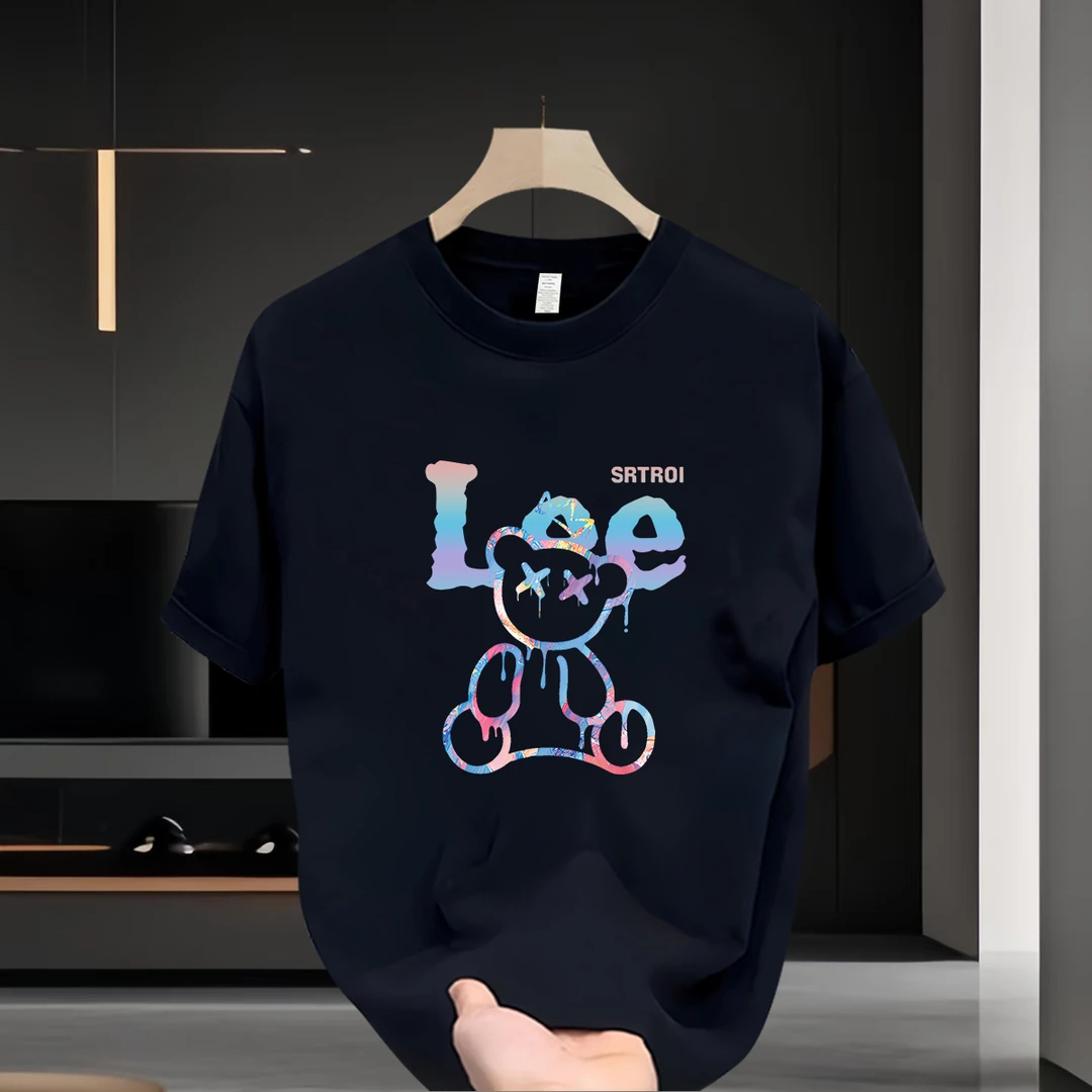 2025夏季爆款宽松纯棉大码印花T恤短袖圆领设计师男装高级感上衣