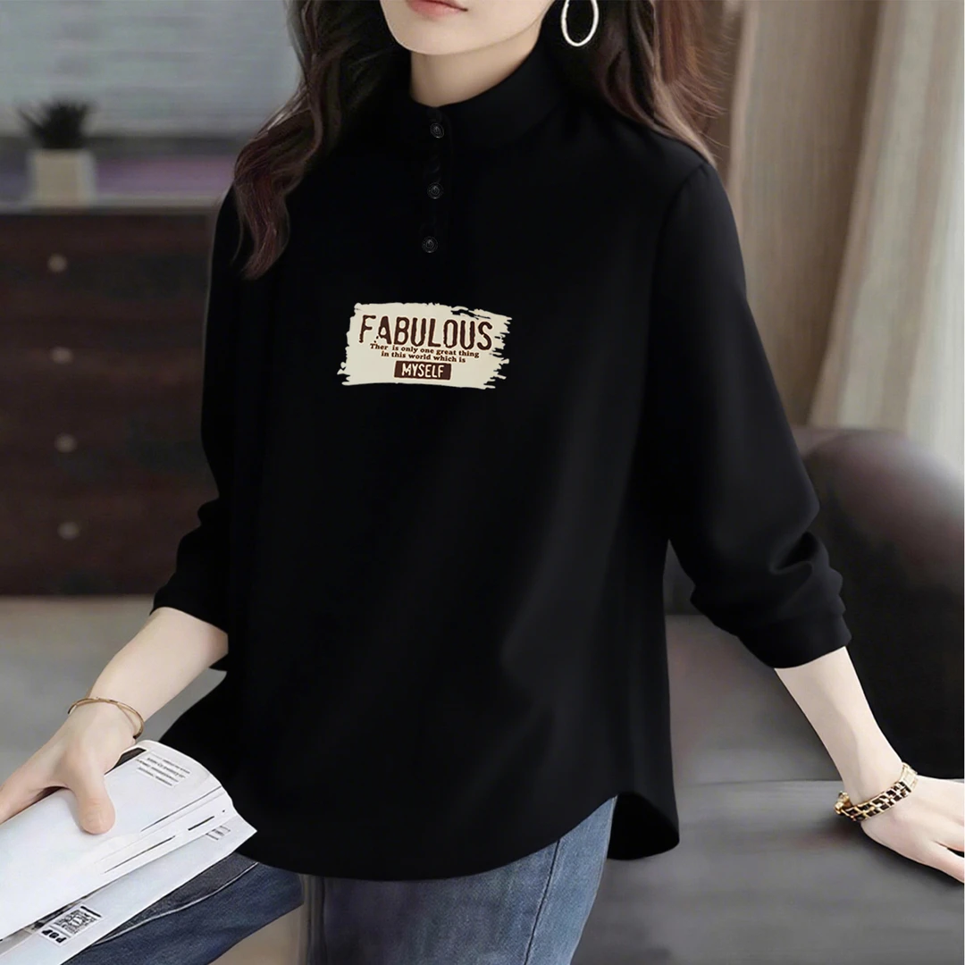 黑色半高领德绒POLO衫女秋冬季加厚胖MM宽松显瘦内搭立领打底T恤