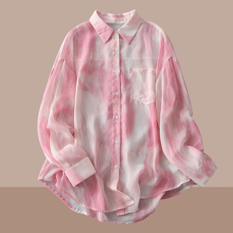 粉色扎染防晒衬衫女长袖轻薄款2025夏季时尚新款宽松漂亮洋气上衣