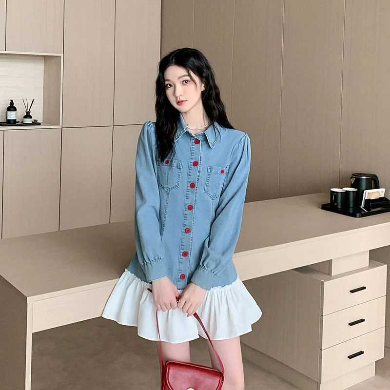 实拍实价~高级感牛仔拼接连衣裙女春季气质时髦超火荷叶边短裙子