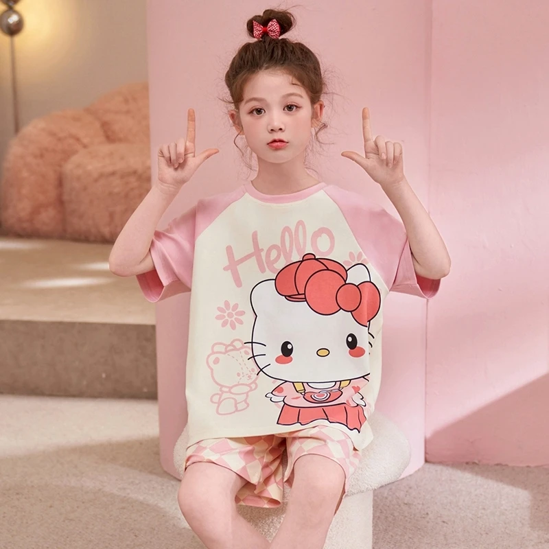 女童睡衣夏季短袖凯蒂猫新款夏款套装儿童小女孩洋气哪吒家居服