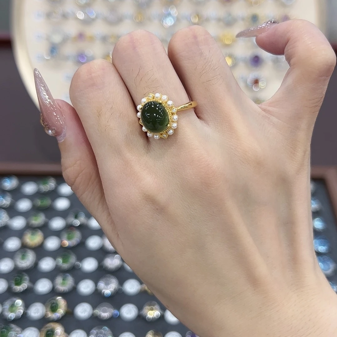 蛇纹石玉戒指银S925镶嵌?****e