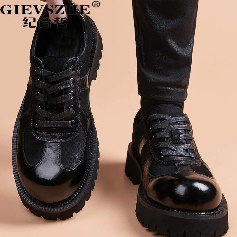 纪诗哲男士黑色真皮皮鞋厚底增高商务皮鞋冬季新款英伦大头德比鞋