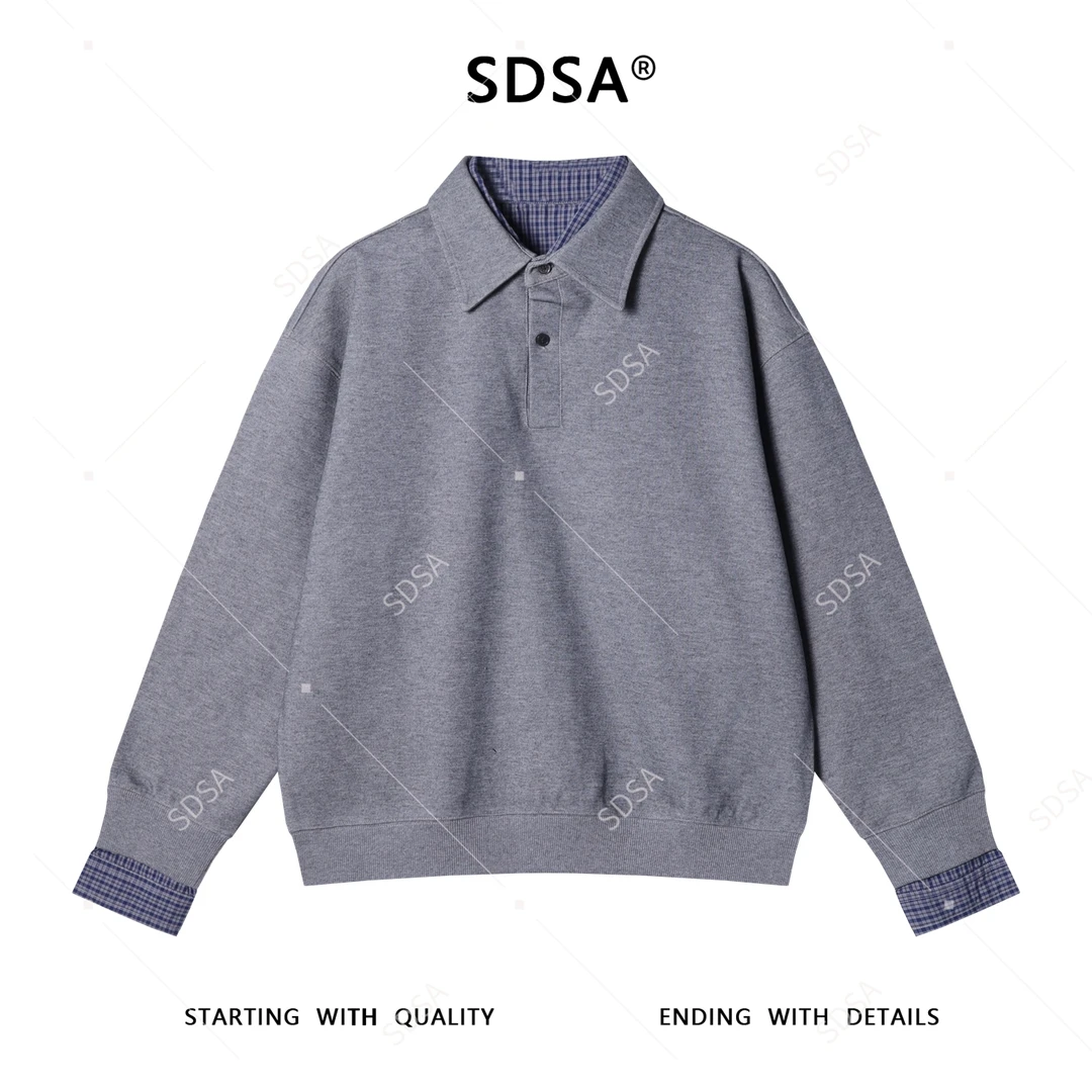 SDSA秋冬新款痞帅男装假两件拼接格子衬衫卫衣翻领套头时尚上衣