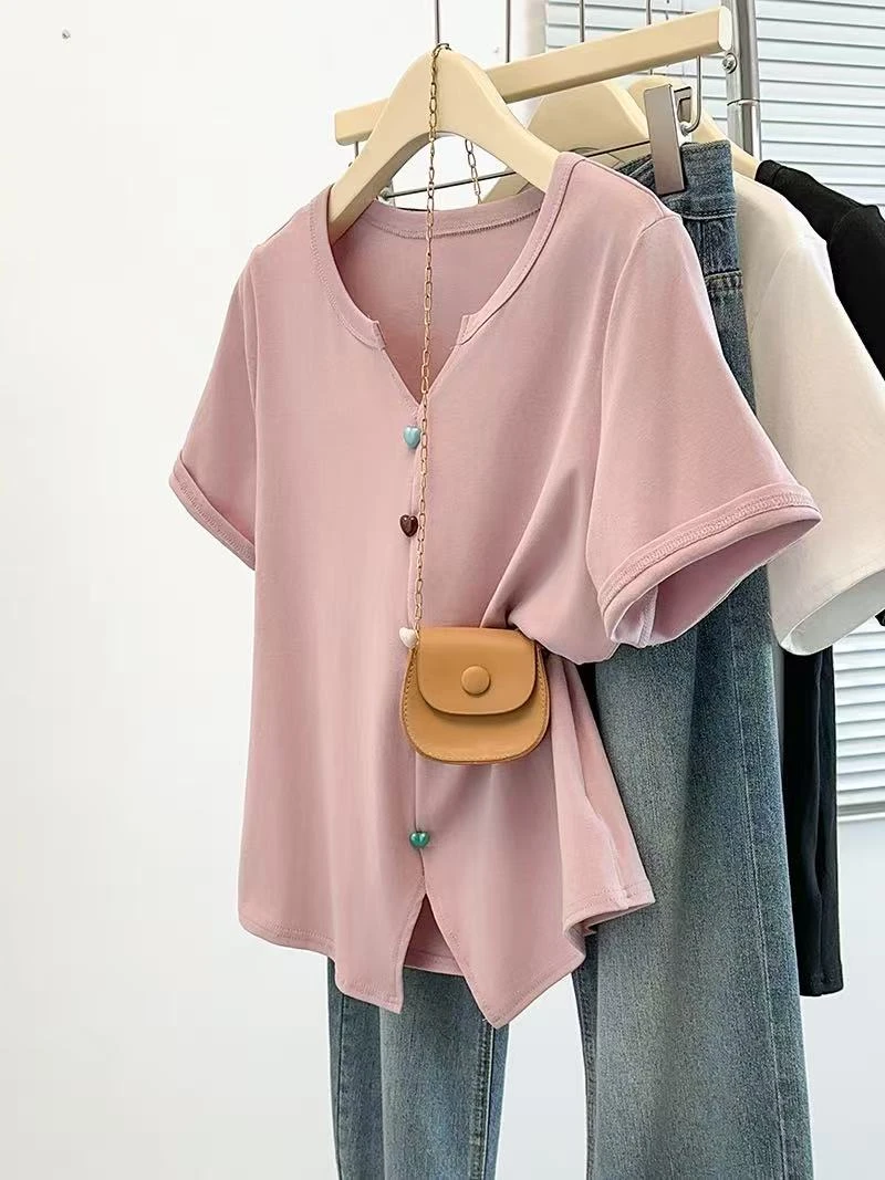 爱心纽扣不规则短袖T恤女2025夏季新款大码胖mm时尚百搭日常显瘦