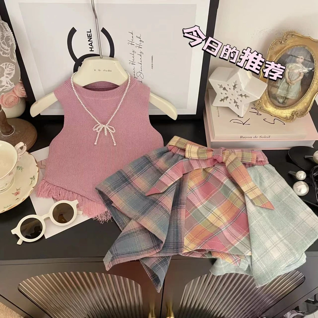 新店促销女童2025夏季新款套装童装洋气针织背心中小童百褶裙裤两