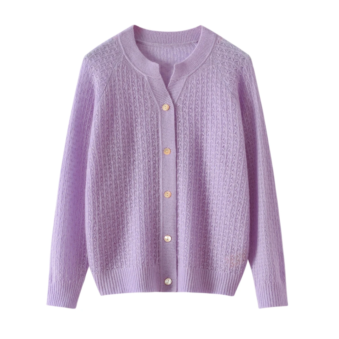 【康宝莱~白厂丝】桑蚕丝山羊绒衫女士剪刀领针织衫外套长袖上衣