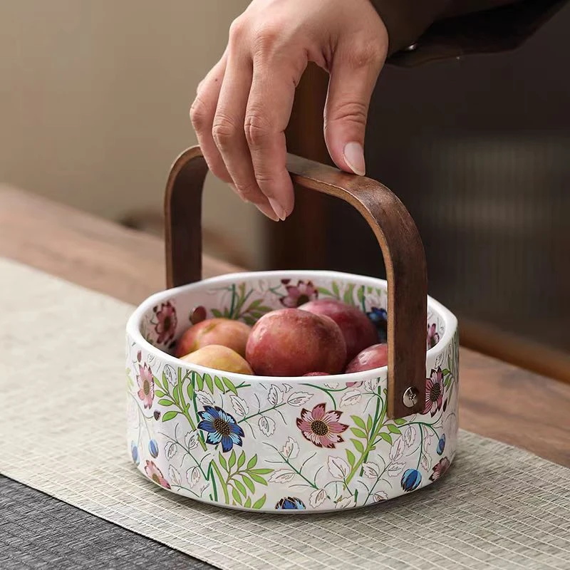 龙窑茶器  米黄-翠菊-手提水果篮（大） 6371  （直播）