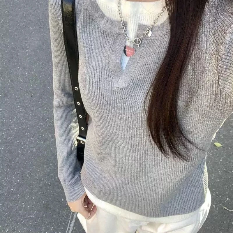 内搭打底衫针织衫上衣女2024新款早秋穿搭假两件修身长袖T恤上衣