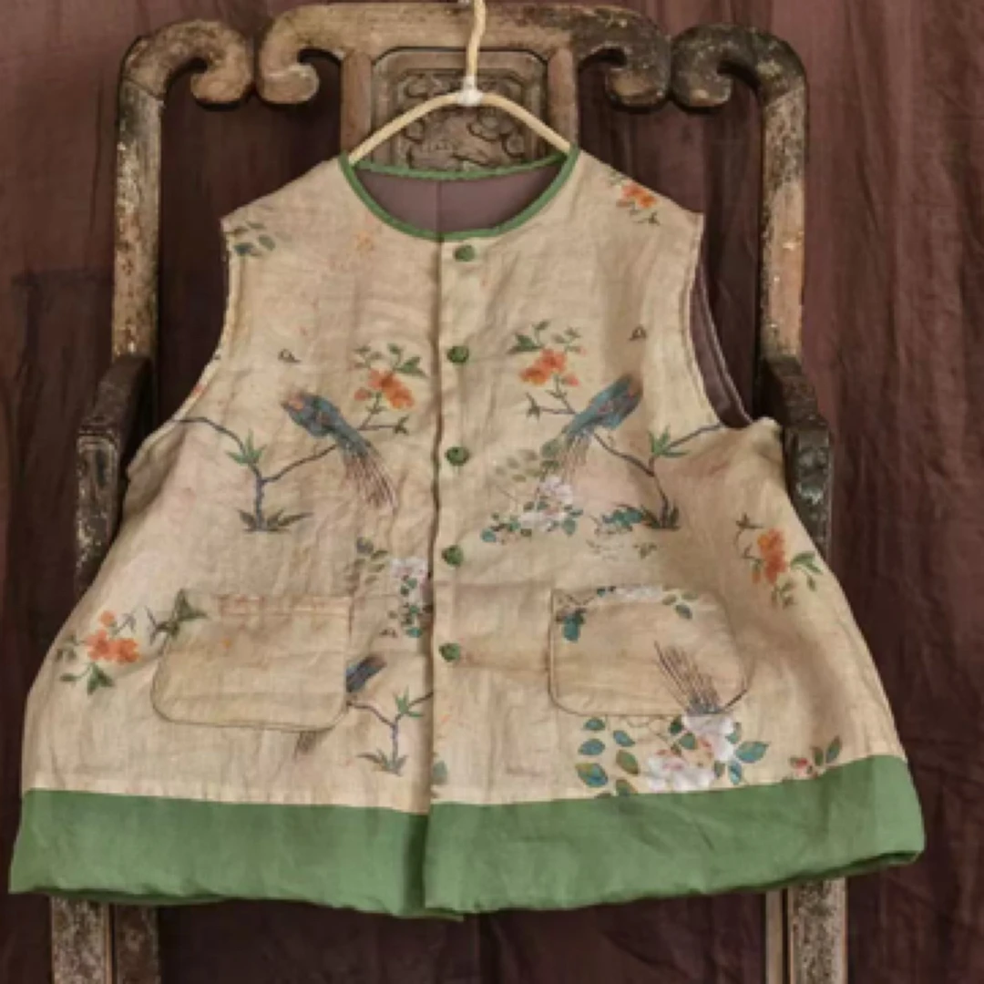 幺幺/自制亚麻印花夹棉女士马甲文艺休闲盘扣保暖背心中式棉坎肩