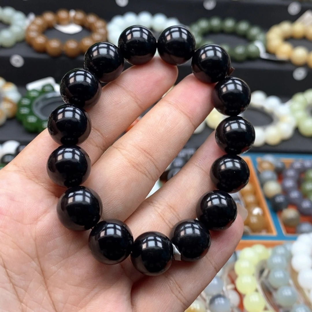 和田玉未镶嵌手串Q卡14新疆墨玉