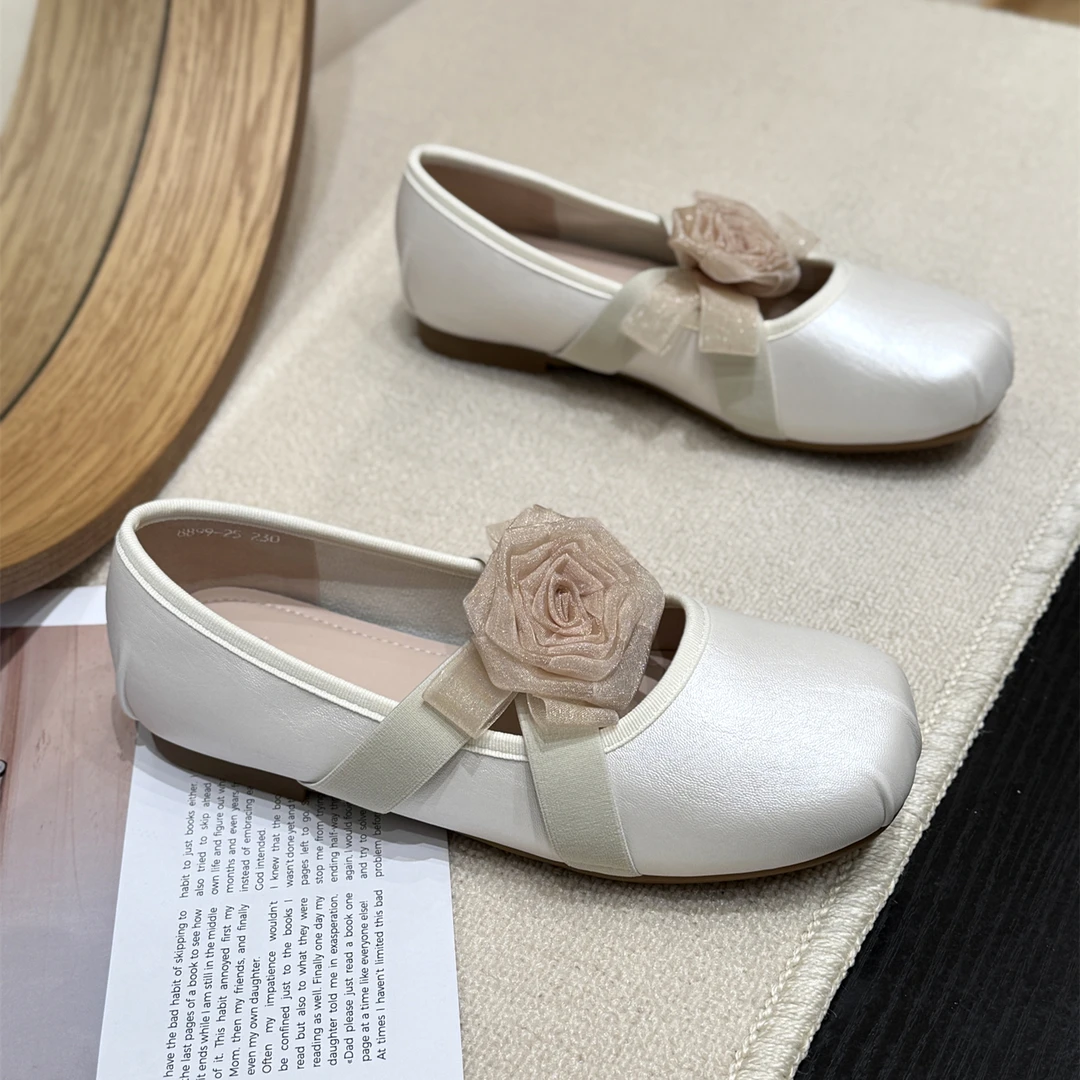 韩系甜美芭蕾风花朵晚晚鞋女2025新款夏季平底气质交叉带仙女单鞋