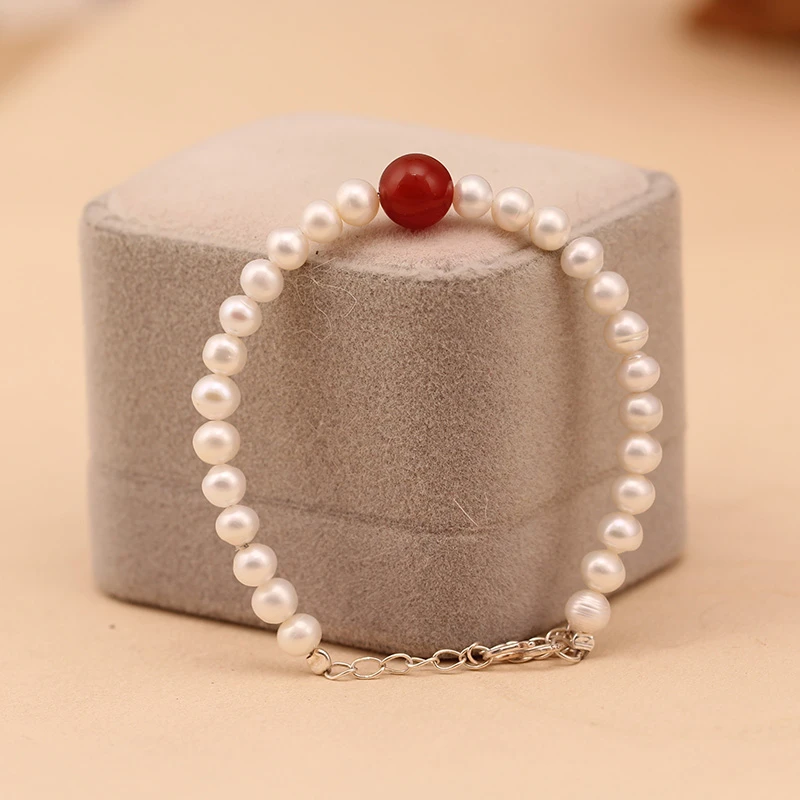 天然淡水珍珠手链红玛瑙时尚银饰气质百搭手饰品简约手串白色轻奢