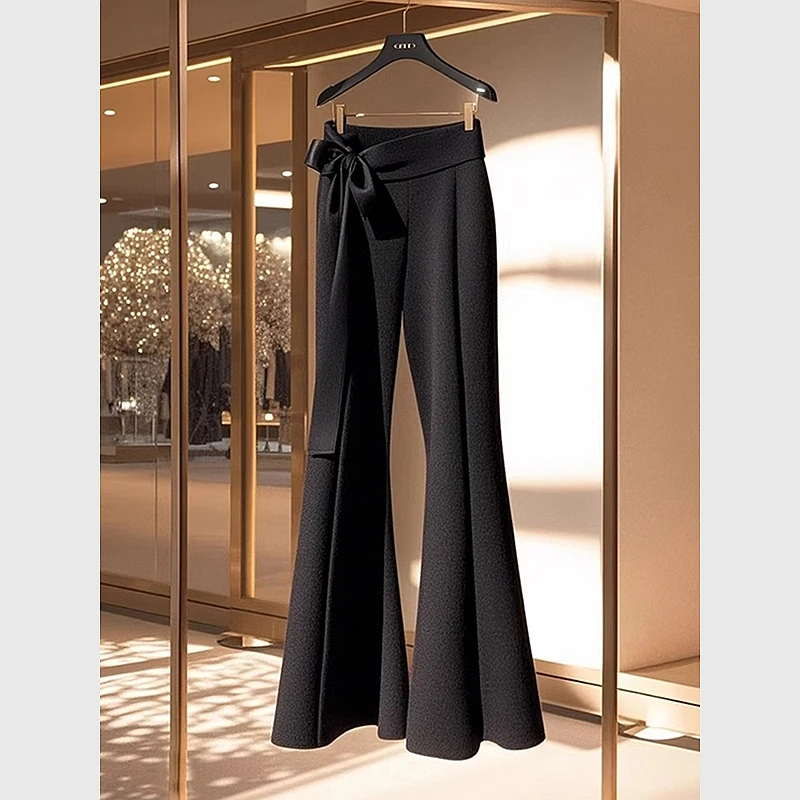 微喇冬季新款韩版感黑色喇叭裤女装蝴蝶结梨型身材遮胯直筒长裤子