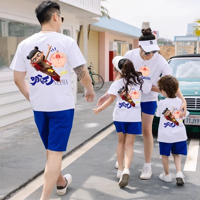 网红哪吒亲子装夏装一家三口四口母子纯棉短袖时尚2025新款潮流