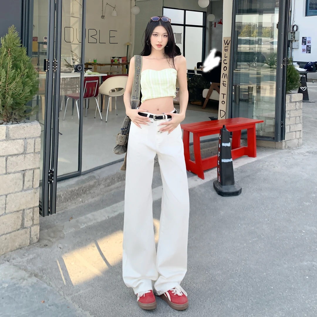 REDR新款白色竹节纹设计感休闲牛仔裤女通勤高腰宽松窄版直筒裤子