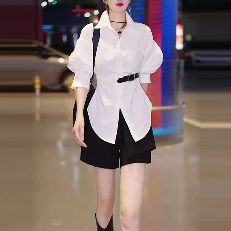 时尚套装女夏季新款皮带拼接衬衫女休闲百搭短裤两件气质两件套潮