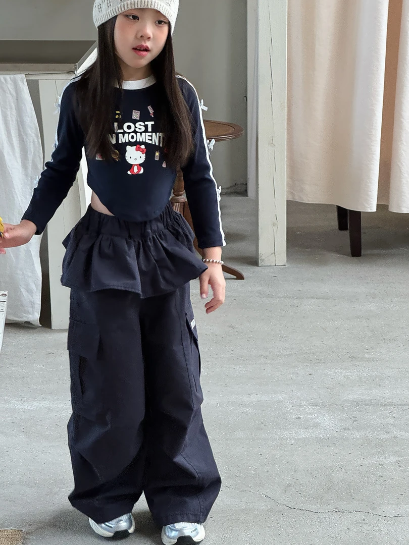 2025女童秋季韩版蝴蝶结织带短上衣儿童秋季宽松花边工装裤套装