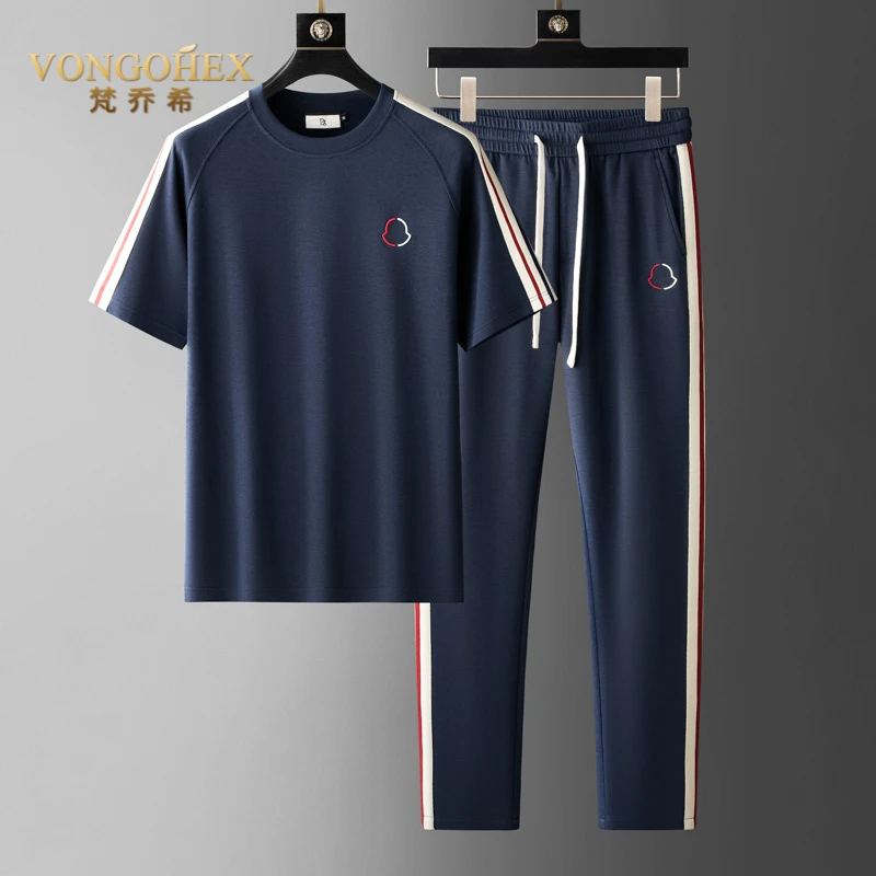VONGOHEX休闲运动套装男莫代尔棉短袖夏季圆领刺绣两件套