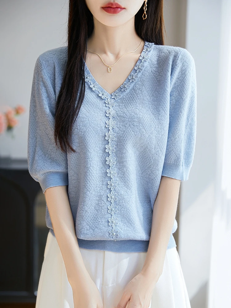 蚕丝羊毛高级感钉珠小花五分袖V领针织半袖宽松显瘦夏季女士上衣